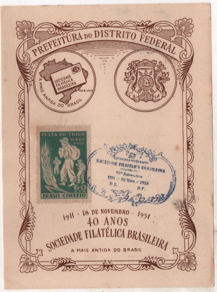 Filatelia: Folhinha Comemorativa 40 Anos Sociedade Filatélica Brasileira - 1951. Preserva selo e car