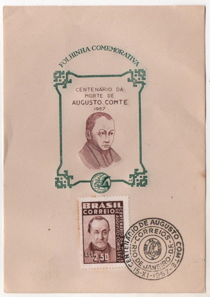 Filatelia: Folhinha Comemorativa Centenário da Morte de Augusto Comte - !957. Preserva selo e carimb