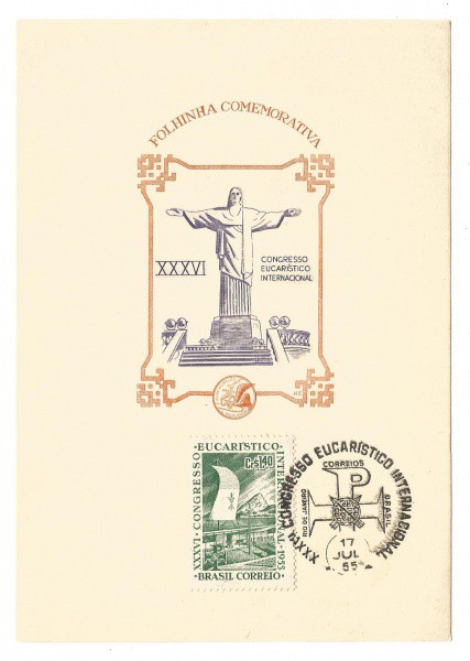 Filatelia: Folhinha Comemorativa ao XXXVI Congresso Eucarístico Internacional. 1955. MBC.