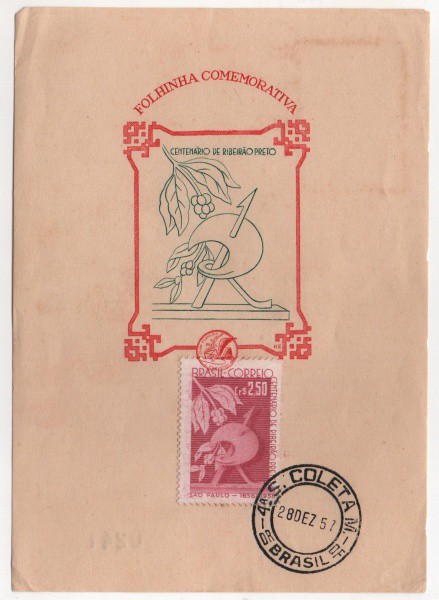 Filatelia: Folhinha Comemorativa Centenário de Ribeirão Preto - 1957. MBC.