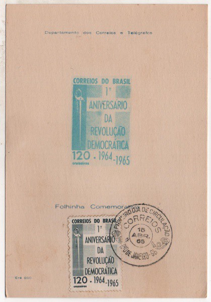 Filatelia: Folhinha Comemorativa do 1º Aniversário da Revolução Democrática - 1965. Preserva selo. M