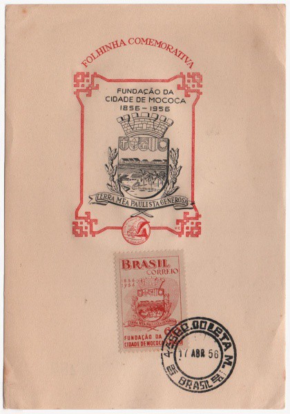 Filatelia: Folhinha Comemorativa Fundação da Cidade de Mococa - 1956. Preserva selo. MBC.