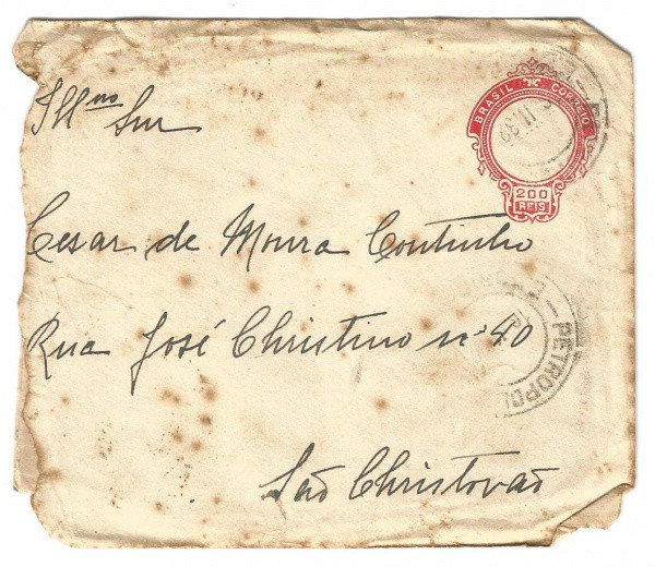 Filatelia: Envelope circulado no Brasil, porte fixo de 200 Reis. Vide Foto.
