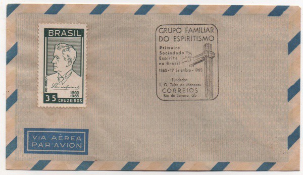 Filatelia: Envelope com Carimbo Comemorativo  - Grupo Familiar do Espiritismo - 1965. MBC.