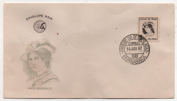 Filatelia: Envelope Comemorativo Anita Garibaldi - 1967. 1º Dia de Circulação. Preserva selo e carim