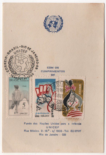 Filatelia: Folhinha Comemorativa Fundo das Nações Unidas para a Infância UNICEF - 1968. Preserva sel