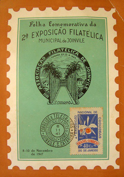 FILATELIA FOLHINHA COMEMORATIVA DA 2º EXPOSIÇÃO FILATELICA MUNICIPAL DE JOINVILLE 1947 BEM CONSERVAD