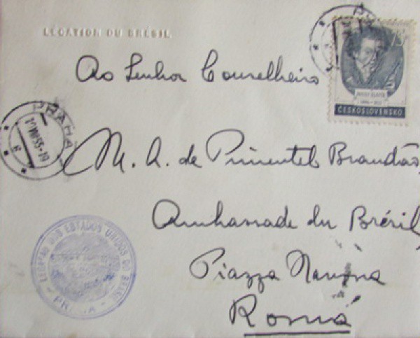 FILATELIA ENVELOPE CARTA DIPLOMÁTICA BRASILEIRA SAINDO DA TCHECOSLOVÁQUIA PARA ROMA - 1954 BEM CONSE