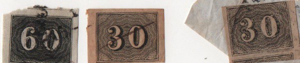 Filatelia: Brasil - selos OLHO DE CABRA - valores de  30, 30 e 60. Anos 1850 / 1866. MBC