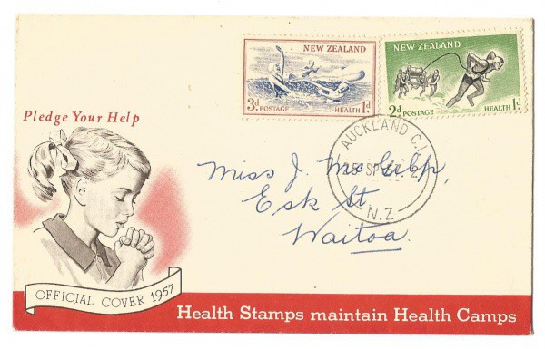 Filatelia: Envelope da Nova Zelândia. "Health Stamps maintain Health Camps". Em tradução liv