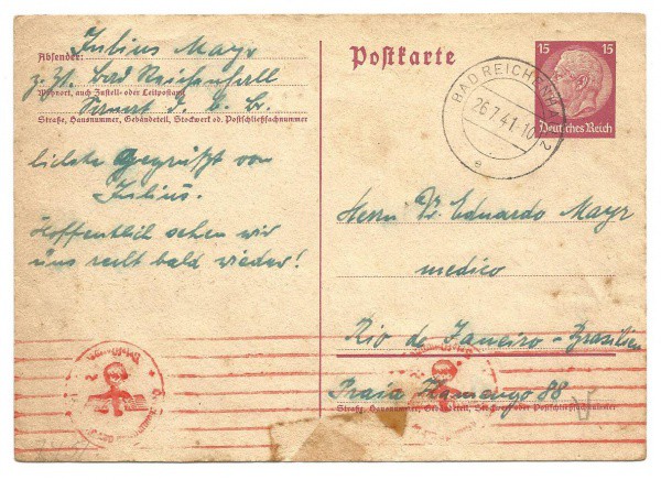 III REICH: Bilhete Postal Alemanha Nazista. Carimbos com a Águia Nazista. Circulado em 1941. Bem con