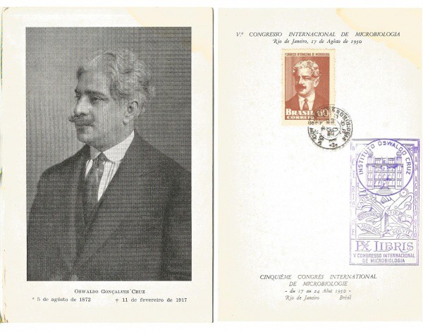 Filatelia: Folhinha com selo comemorativo do V Congresso Internacional de Microbiologia, 1950. Oswal