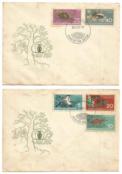 (2) Envelopes da Alemanha Oriental, 1959. Preservam (5) selos. Bem conservados.
