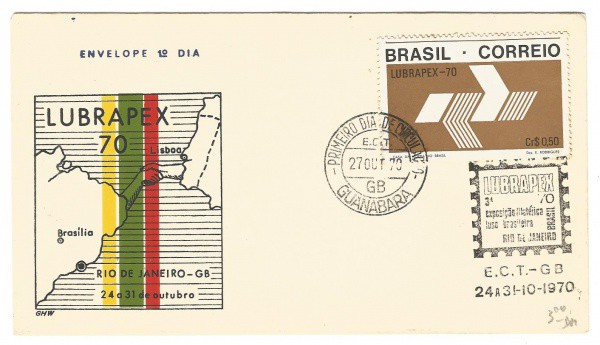 Envelope 1º Dia de Circulação LUBRAPEX, 1970. Preserva selo. Bem conservado.