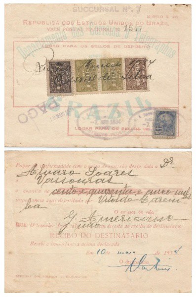 Filatelia: Vale Postal Nacional dos Correios e Telégrafos - 1934. Preserva (5) selos e Carimbo.
