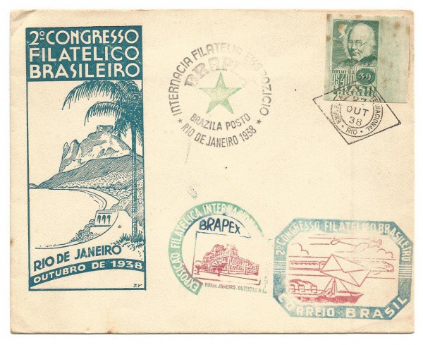 Envelope comemorativo do 2º Congresso Filatélico Brasileiro, 1938. Carimbo Esperanto. Bem conservado