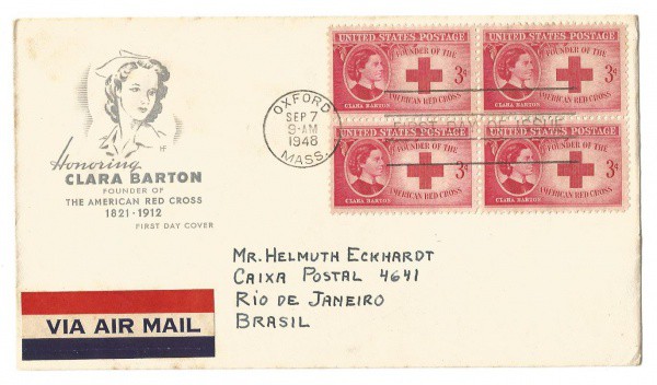 Envelope Via Aérea Americano. Comemorativo de Clara Barton - Fundadora da Cruz Vermelha Americana. P