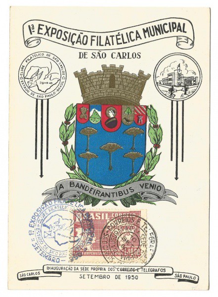 Folhinha comemorativa do 1ª Exposição Filatélica Municipal de São Carlos, 1950. Muito bem conservada