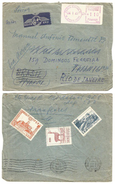 Envelope Via Aérea com três selos Peruanos. Circulado em 1967. Bem conservado.