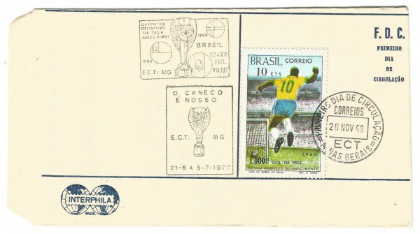 Filatelia: Envelope Comemorativo a Vitória do Brasil na Copa do Mundo de 1970. Preserva selo comemor