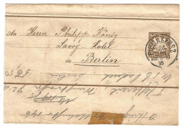 Envelope com porte fixo Bayern. Circulado em 1895. Bem conservado.