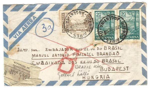 Envelope Via Aérea Argentino, 1962. Preserva (3) selos. Bem conservado.