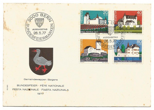 Envelope comemorativo Suíço, 1977. Preserva quatro selos. Brasão da Comuna de Sargans. MBC.