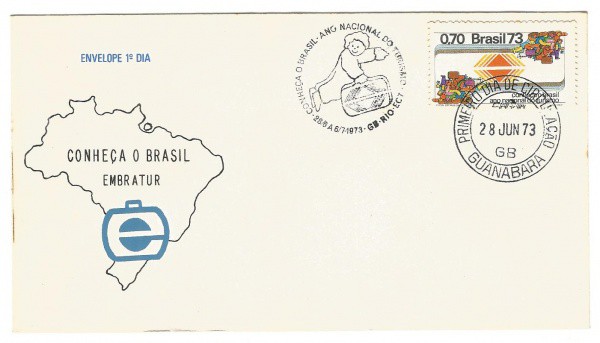 Envelope 1º Dia de Circulação da EMBRATUR (Empresa Brasileira de Turismo), 1973. Bem conservado.