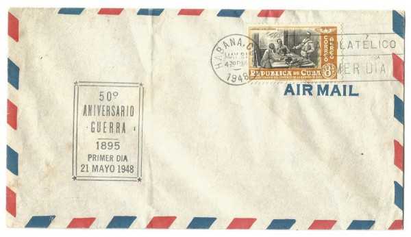 Envelope Cubano comemorativo do 50º aniversário da Guerra de Independência Cubana 1948. Preserva sel