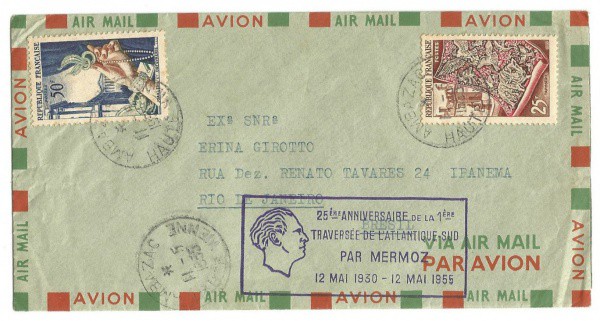 Envelope Via Aérea Frances, 1955. Preservam dois selos. Bem conservado.
