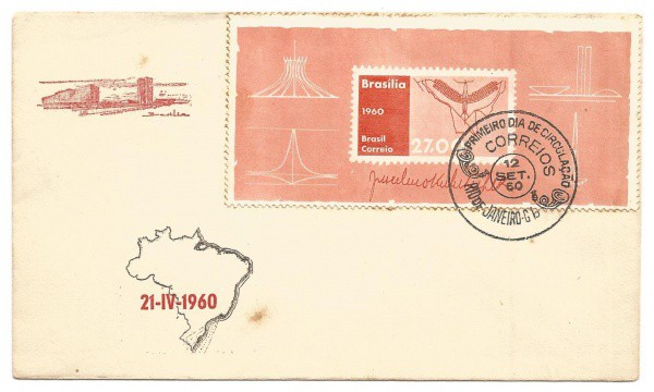 Envelope 1º Dia de Circulação comemorativo da Inauguração de Brasília, 1960. Preserva selo. Bem cons