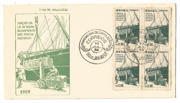 Envelope comemorativo da Sanção da Lei de Reaparelhamento dos Portos Nacionais, 1959. Preserva (4) s