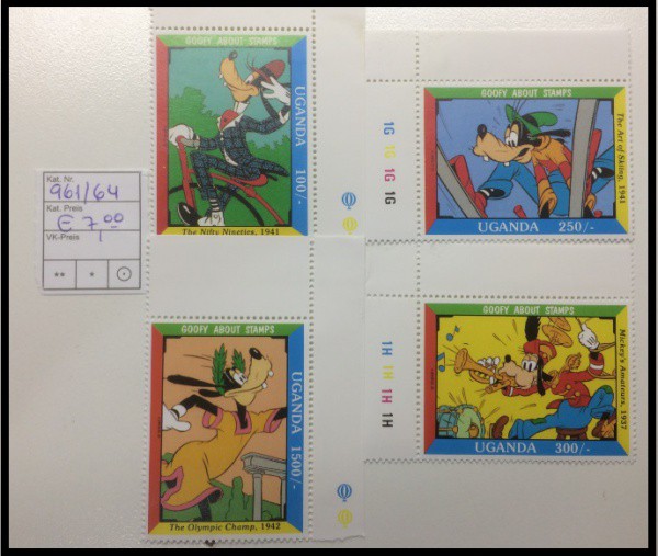 DISNEY - SÉRIE DE SELOS DE UGANDA  COM PATETA NOS ESPORTES E MUSICA - SELOS EM ESTADO MINT DE CONSER