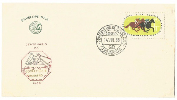 Envelope 1º Dia - Centenário do  Jockey Club Brasileiro, 1968. MBC.