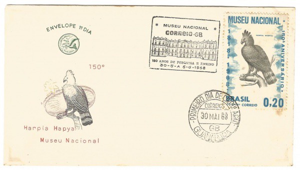Envelope 1º Dia - Museu Nacional - Harpia Hapya, 1968. MBC.