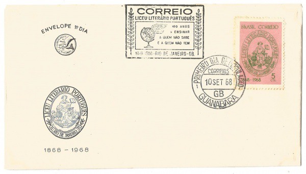 Envelope 1º Dia - Liceu Literário Português, 1968. MBC.