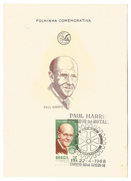 Folhinha comemorativa Paul Harris - Fundador do Rotary, 1968. MBC.