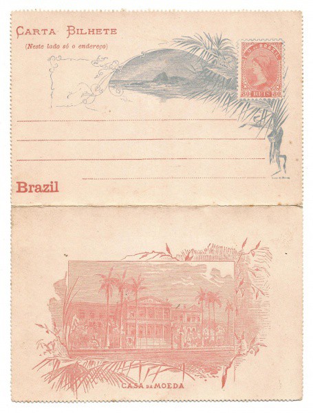 Carta Bilhete Dupla: República do Brasil com Iconografia da Casa da Moeda. Porte de 80 Reis. MBC.