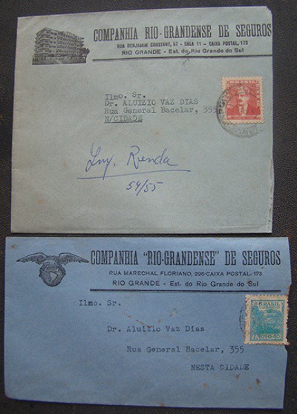 FILATELIA  ENVELOPES  02  PROPAGANDA  COMPANHIA RIO GRANDENSE DE SEGUROS  1955  BEM CONSERVADO