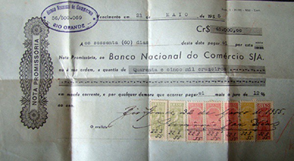 FILATELIA FISCAL  NOTA PROMISSORIA  BANCO NACIONAL DO COMMERCIO S.A.  MAIO DE 1955  07 SELOS DE