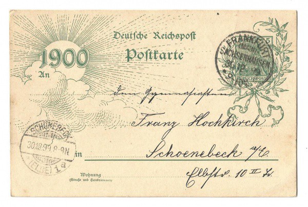 Bilhete Postal do Império Alemão comemorativo ao Ano Novo. Porte Fixo. Circulado em 1899. MBC.