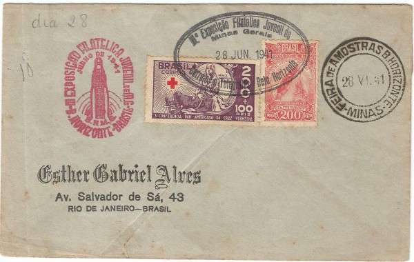 Envelope circulado em 1941 - selos e carimbos comemorativos da Exp. Filatélica Juvenil de Minas Gera