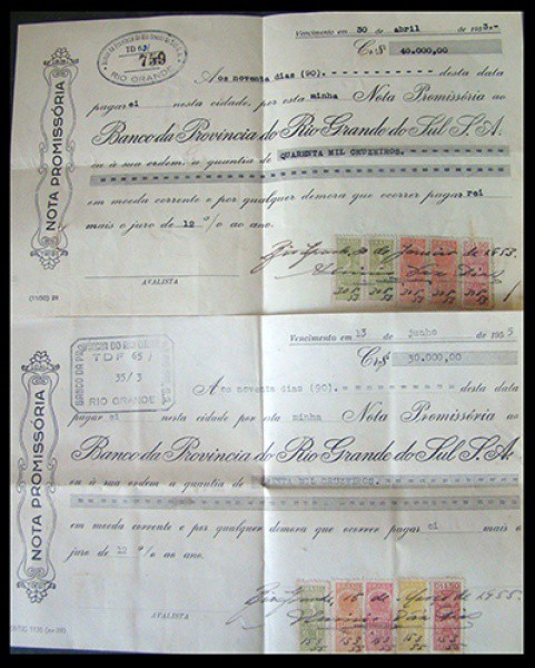 FILATELIA FISCAL  NOTA PROMISSORIA  BANCO DA PROVINCIA DO RIO GRANDE DO SUL  - 1955 -  10 SELOS FI
