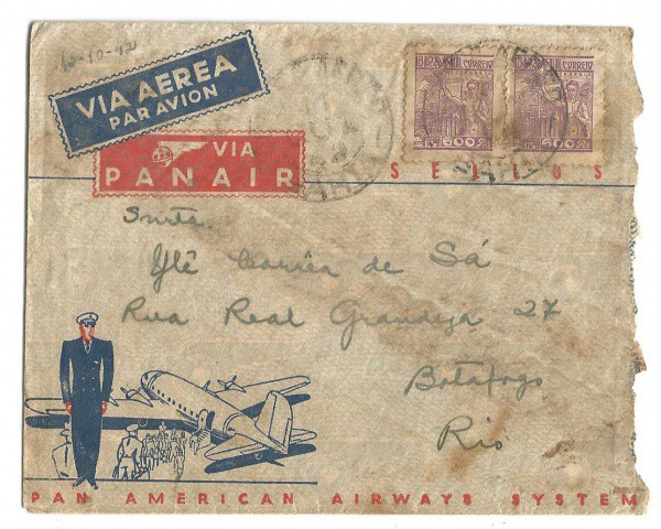 Envelope Via Aérea da Panair do Brasil, 13 de outubro de 1942. Carimbos Bahia. Preserva dupla de sel