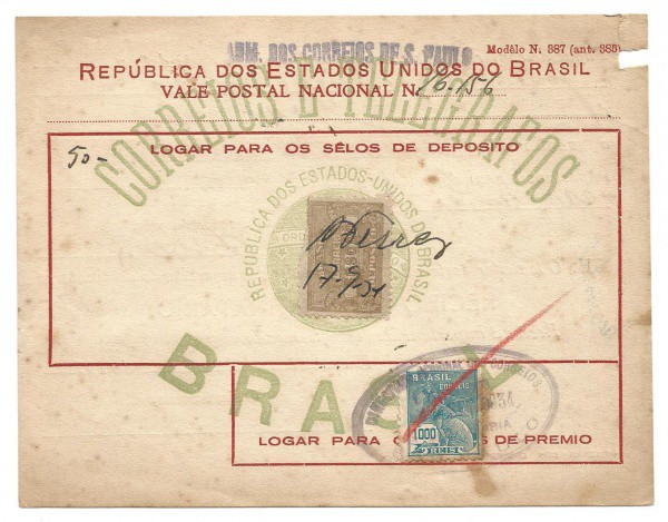 Vale Postal Nacional: Preserva selo Deposito, 21 de setembro de 1934. Bem conservado.