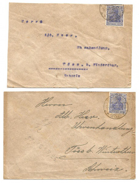 (2) Envelopes circulados em Winterthur - Suíça, 1919. Preservam selos do Império Alemão. Bem conserv