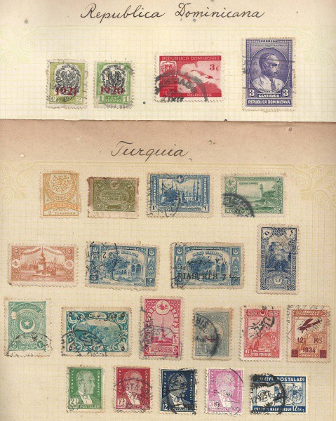 PARTE DE UMA COLEÇÃO COM 2 FOLHAS DE  SELOS VARIADOS TURQUIA E REPUBLICA DOMINICANA