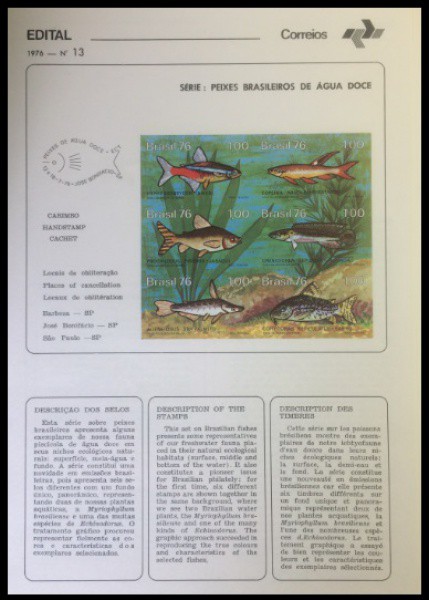 BRASIL - EDITAL COM A SÉRIE COMPLETA PEIXES DE AGUA DOCE ANO 1976 EDITAL N 13- EDITAL EM EXCELENTE