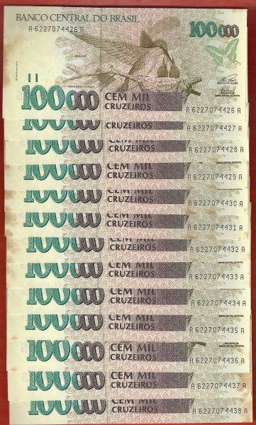 BRASIL - 13 CÉDULAS 100 MIL CRUZEIROS SEQUENCIAIS
