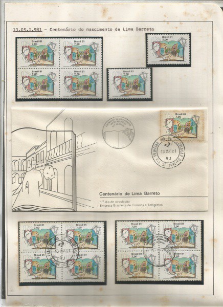 BRASIL - 03 QUADRAS + ENVELOPE 1º DIA CENTENÁRIO DE LIMA BARRETO